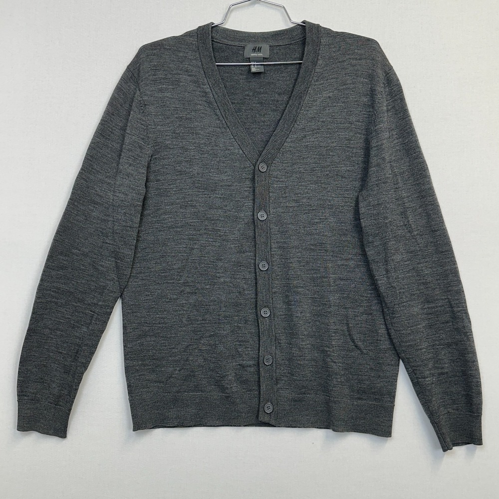 H&M Merino Wool Cardigan Sweater Mens Size Medium Gray V-Neck Button Front